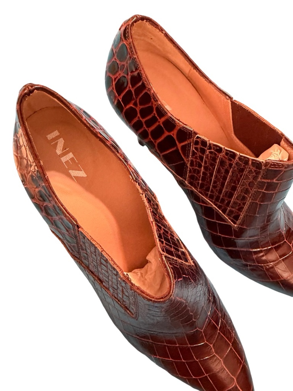 Inez Marisol 90 Cocoa Croco Booties 8.5 W Croc Embossed Leather Stiletto Spain - Picture 6 of 13